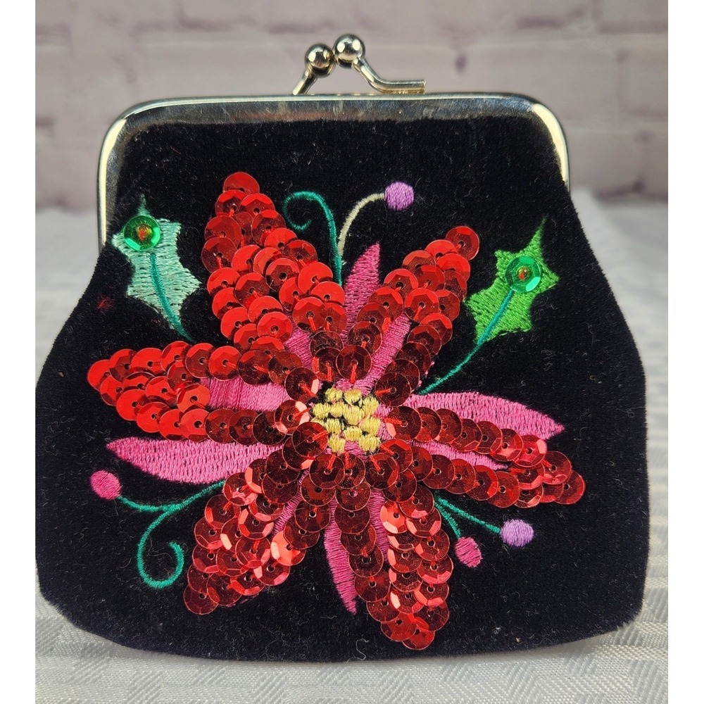 Vendula London Beaded Poinsettia Black Velvet Coin Purse Kiss Lock
